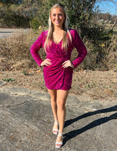 Load image into Gallery viewer, Holiday Romance Sequin Wrap Dress Fuchsia