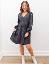 Load image into Gallery viewer, Same As Me Floral Embroidered Corduroy Mini Dress in Charcoal