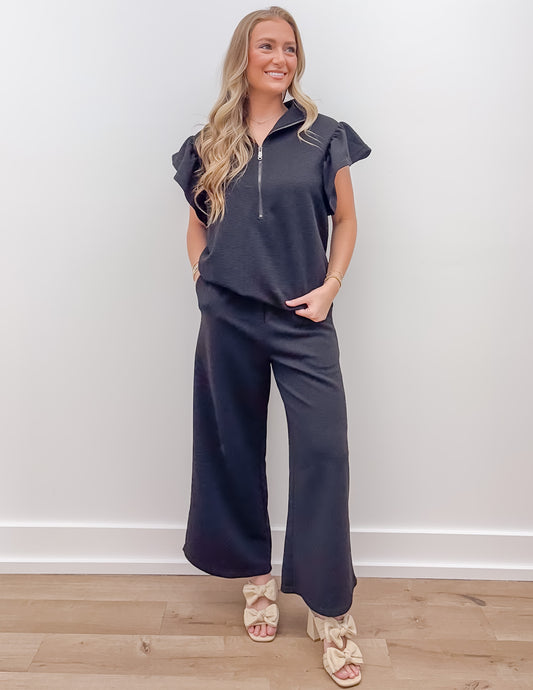 Broken Down Ruffle Top and Pants Set in Black
