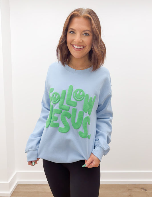 Smiley Follow Jesus Puff Sweatshirt
