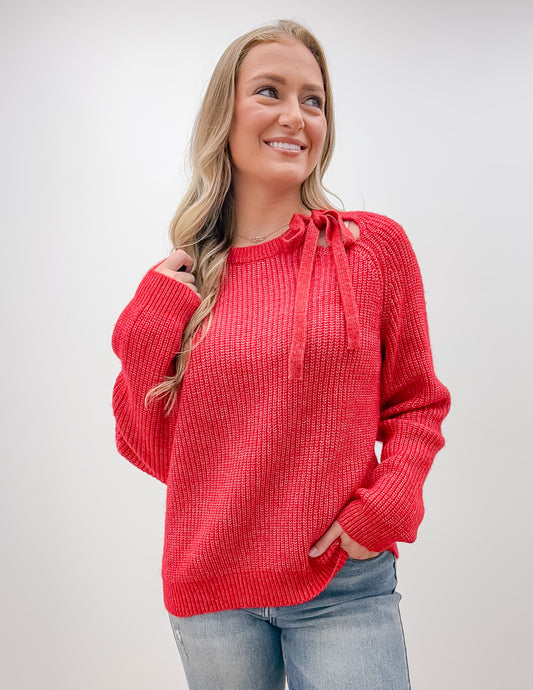 Surrounded By You Tie Neck Sweater in Red