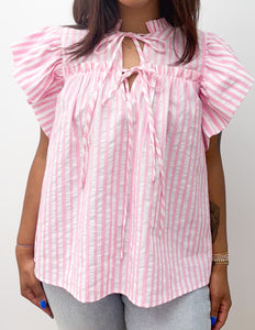 Make A Way Stripe Woven Ruffled Sleeve Front Bow Top