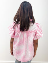Load image into Gallery viewer, Make A Way Stripe Woven Ruffled Sleeve Front Bow Top