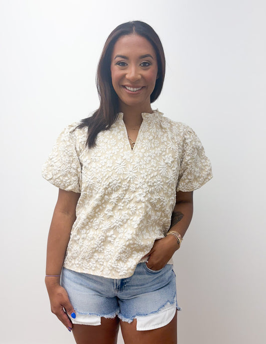 All You'll Ever Need Floral Texture Short Balloon Sleeve Top in Oatmeal