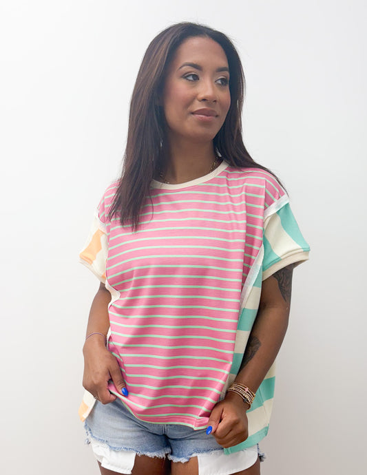 Shine Bright Stripe Mixed Loose Fit Top in Mint Multi