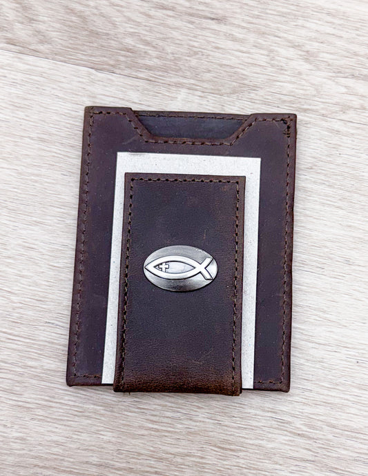 Light Brown Crazy Horse Christian Fish Front Pocket Wallet