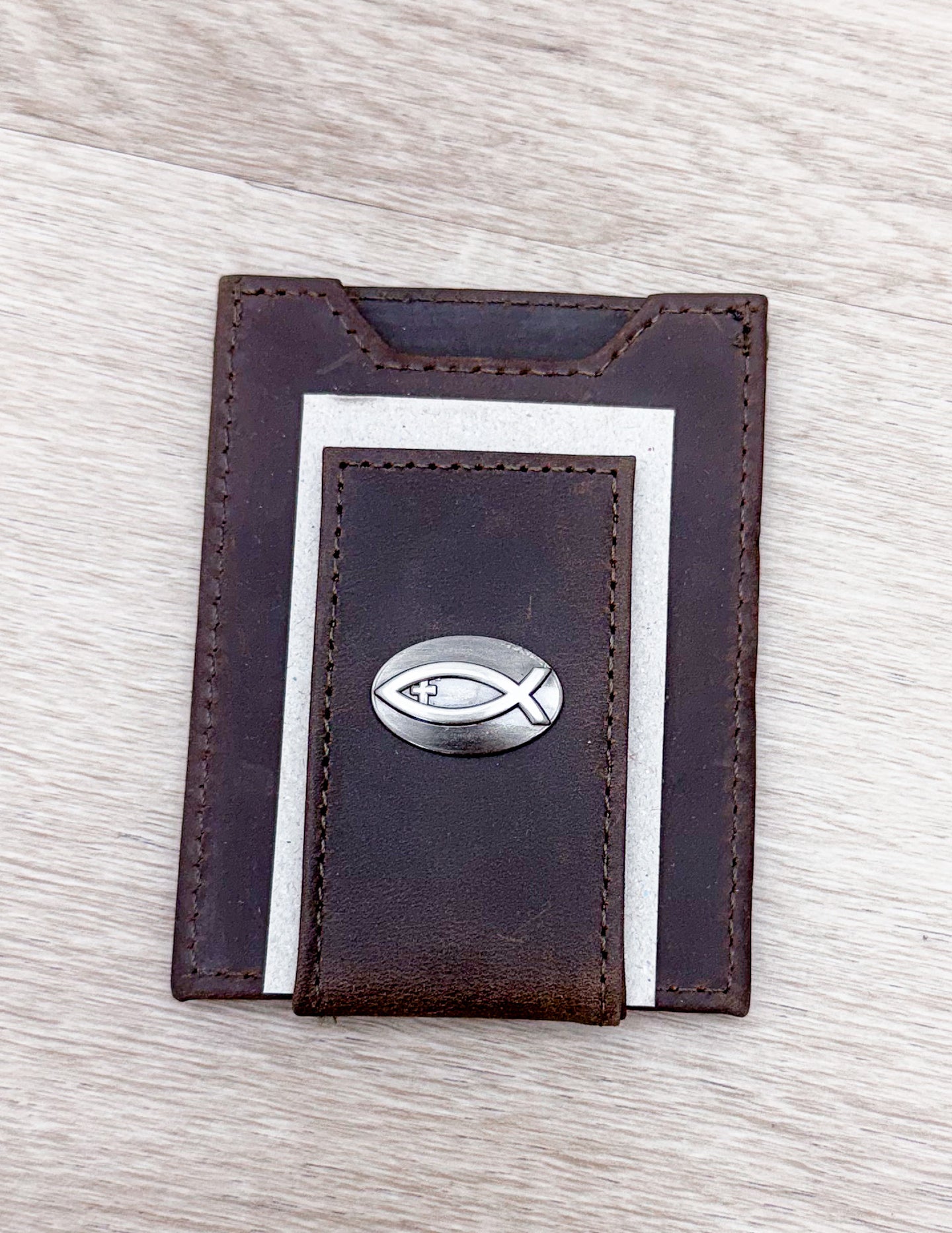 Light Brown Crazy Horse Christian Fish Front Pocket Wallet