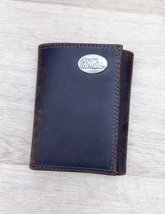 Light Brown Crazy Horse Trifold Ole Miss Wallet