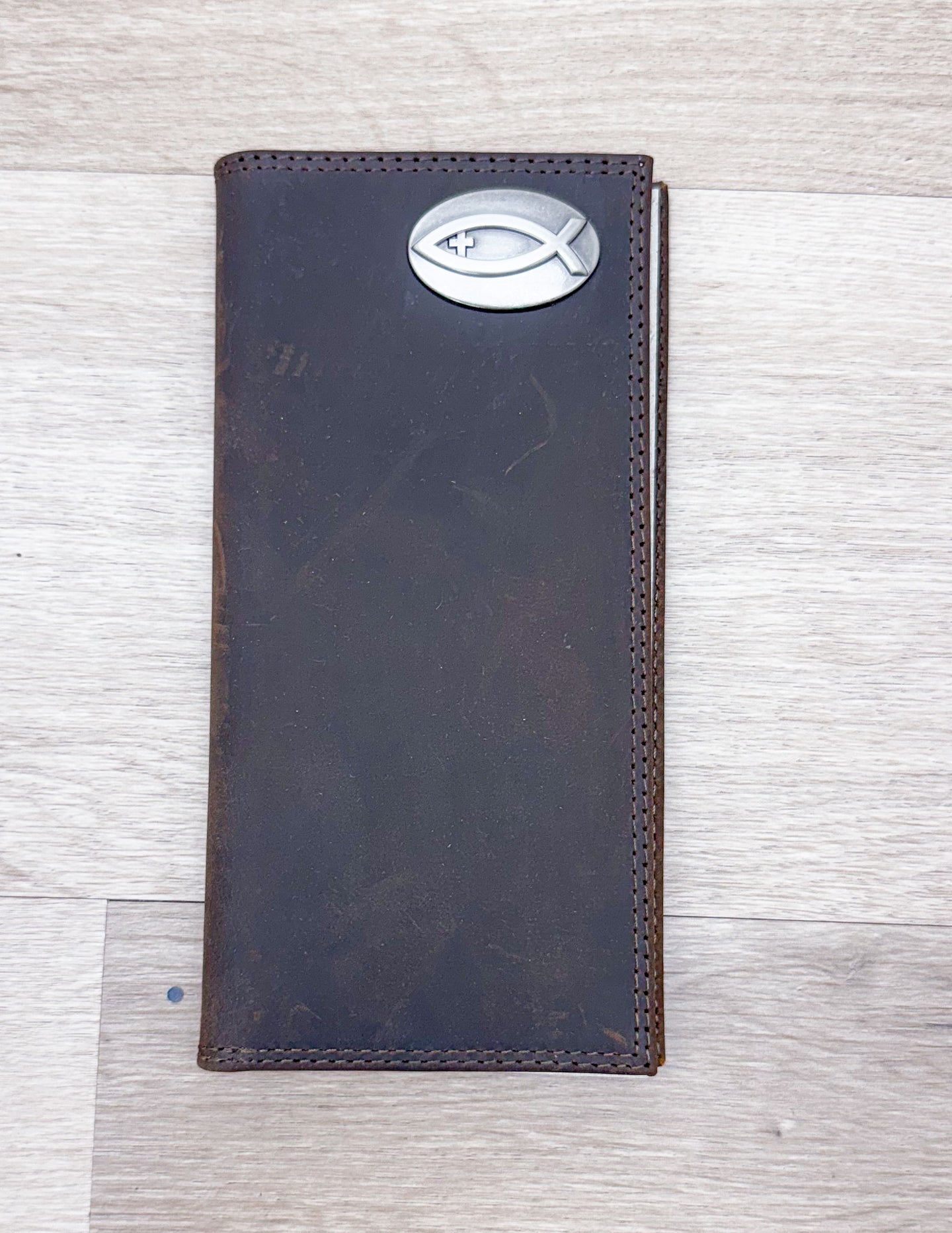 Light Brown Crazy Horse Christian Fish Wallet