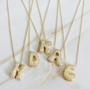 Crystal Bubble Letter Gold Initial Necklace