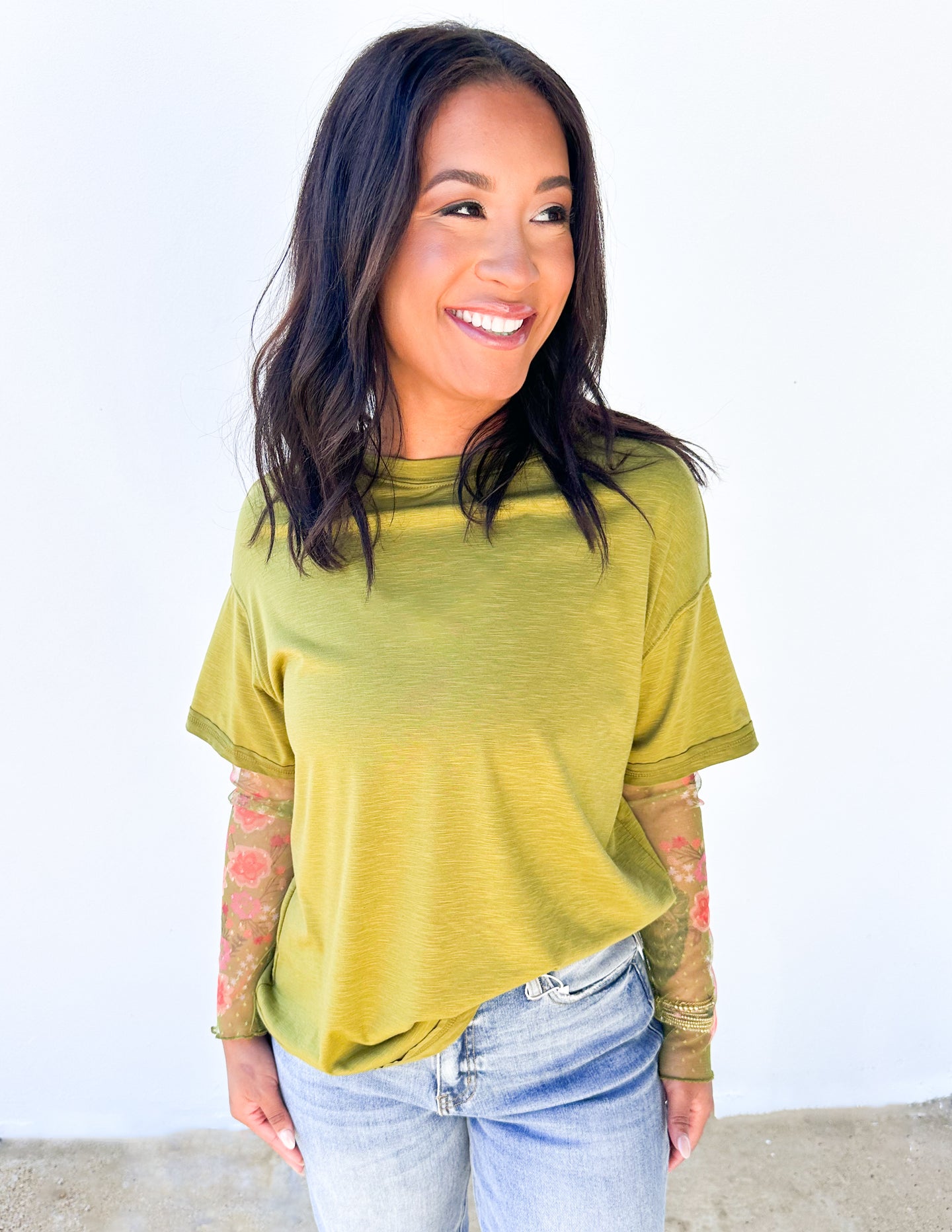 They've All Gone Floral Mesh Sleeve Top in Green