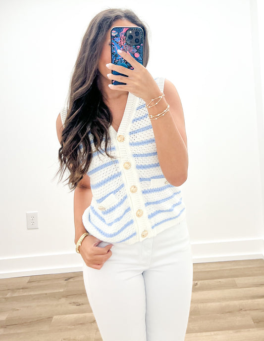Speak To Me Striped Henley Knit Top in Sky Blue
