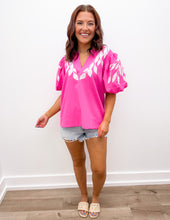 Load image into Gallery viewer, Finding Myself Leaf Embroidered Puffed Sleeves Top in Hot Pink