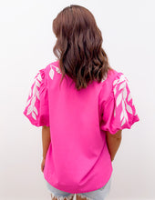 Load image into Gallery viewer, Finding Myself Leaf Embroidered Puffed Sleeves Top in Hot Pink