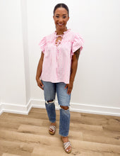 Load image into Gallery viewer, Make A Way Stripe Woven Ruffled Sleeve Front Bow Top