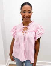 Load image into Gallery viewer, Make A Way Stripe Woven Ruffled Sleeve Front Bow Top
