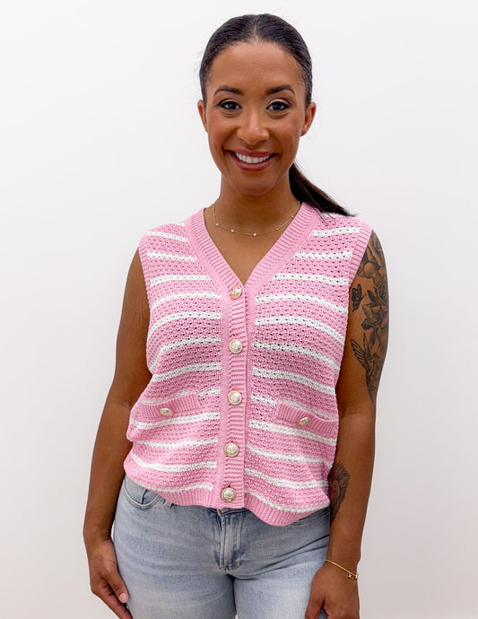 Speak To Me Striped Henley Knit Top in Pink