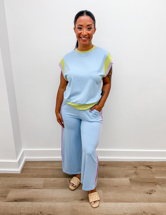 Crazy And Cute Colorblock Pullover And Pants Set in Sky Blue