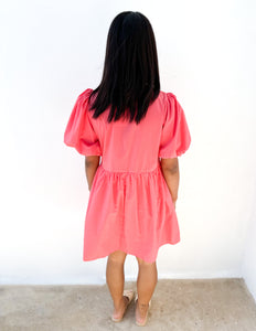 One Step Closer Bubble Sleeve Dress in Coral