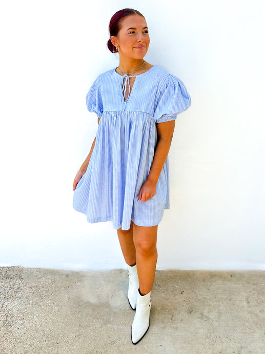 Hopeful Heart Gingham Babydoll Mini Dress in Blue