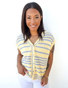 Spring Days Stripped Button-Up Sweater Top in Lemon/Blue