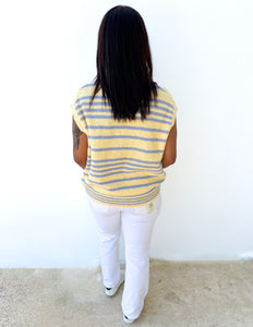 Spring Days Stripped Button-Up Sweater Top in Lemon/Blue
