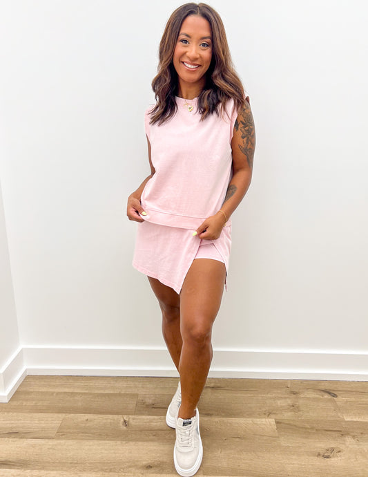 Asking About Me Tank and Lined Split Skirt Set in Pink
