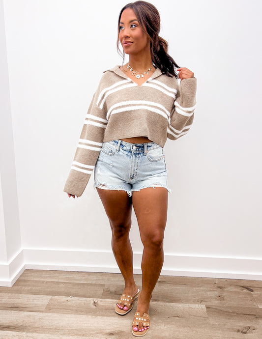 Deeper Than It Seems Stripe Crop Collar Sweater Top in Ivory/Tuape