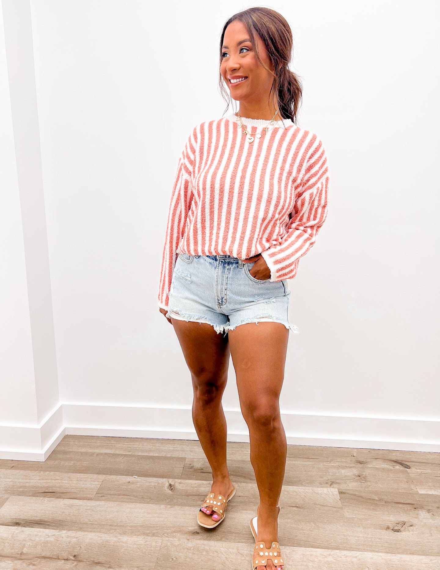 Take Me Home Striped Round Neck Sweater in Ivory/Mauve