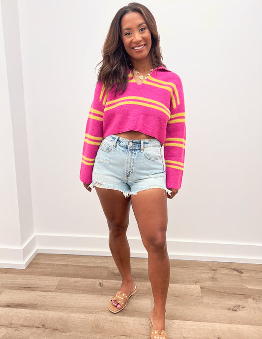Deeper Than It Seems Stripe Crop Collar Sweater Top in Pink/Lime