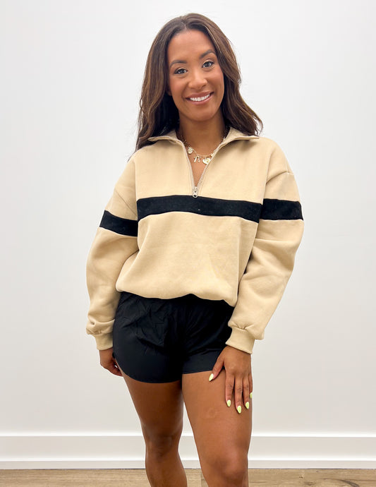 Never Getting Over Half Zip Collar Sweatshirt in Taupe/Black