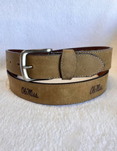 Load image into Gallery viewer, Crazy Horse Light Brown Stitch Leather Embossed Ole Miss Belt