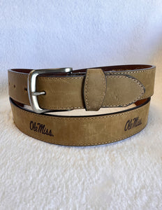 Crazy Horse Light Brown Stitch Leather Embossed Ole Miss Belt