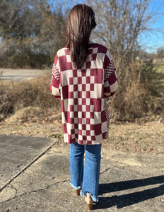 Checkerboard Loose Fit Cardigan Burgundy