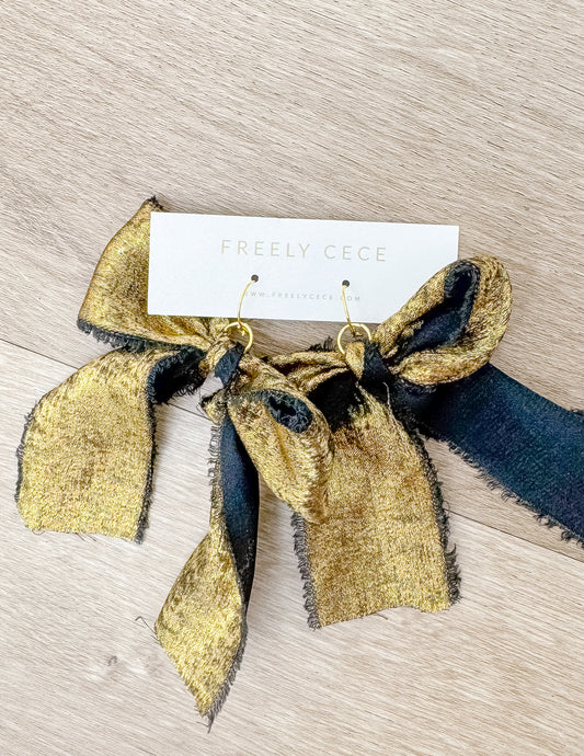 Hand Tied Ribbon Bow Earrings - Black/Gold