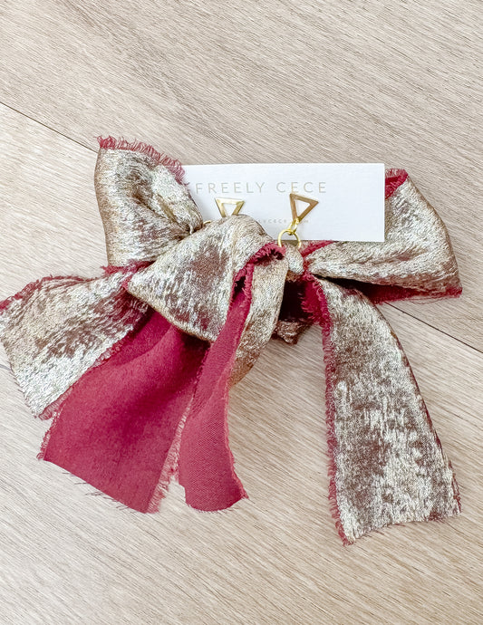 Hand Tied Ribbon Bow Earrings - Maroon/Gold
