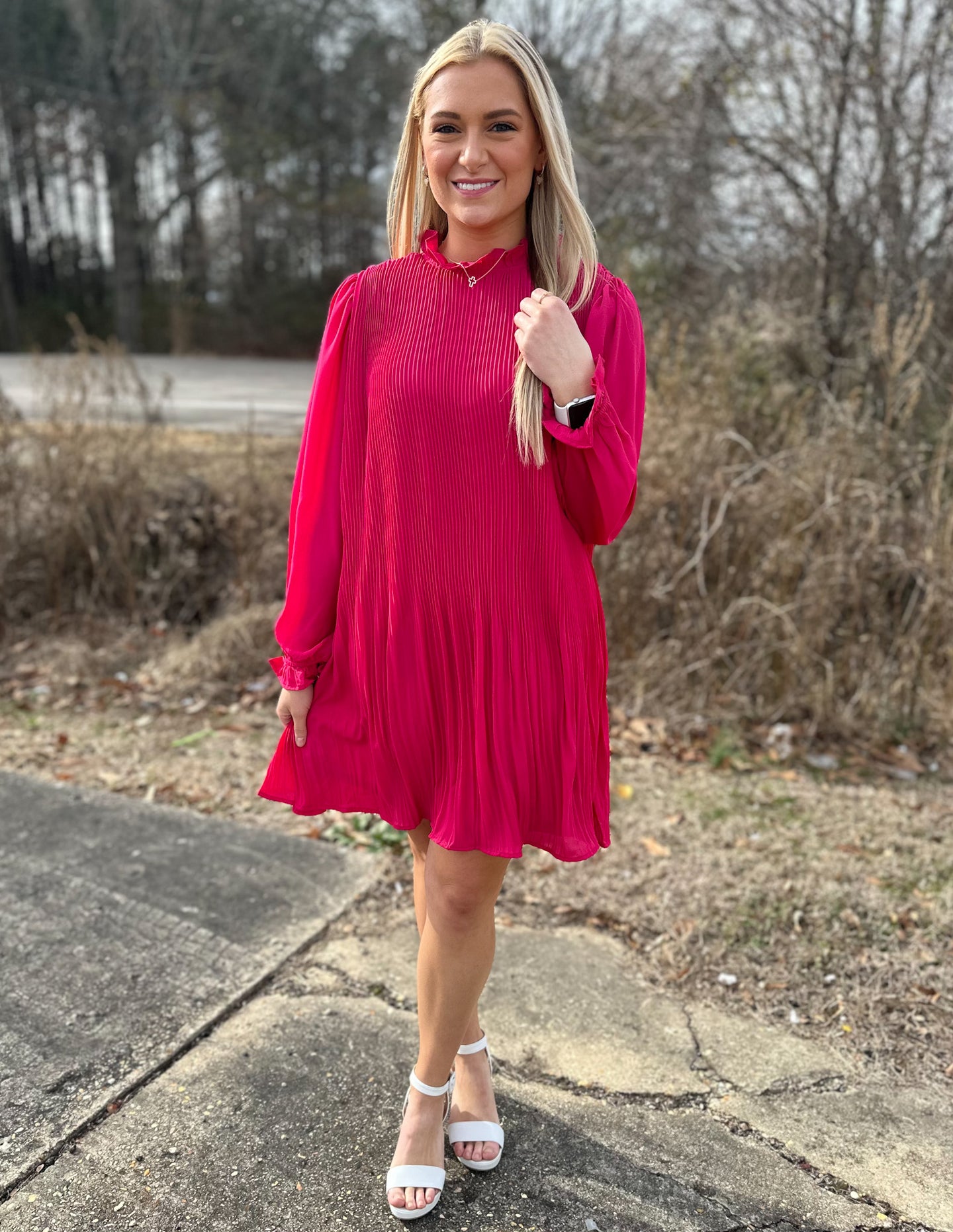 Only Yours Pleated High Ruffle Neck Dress Amaranth Red