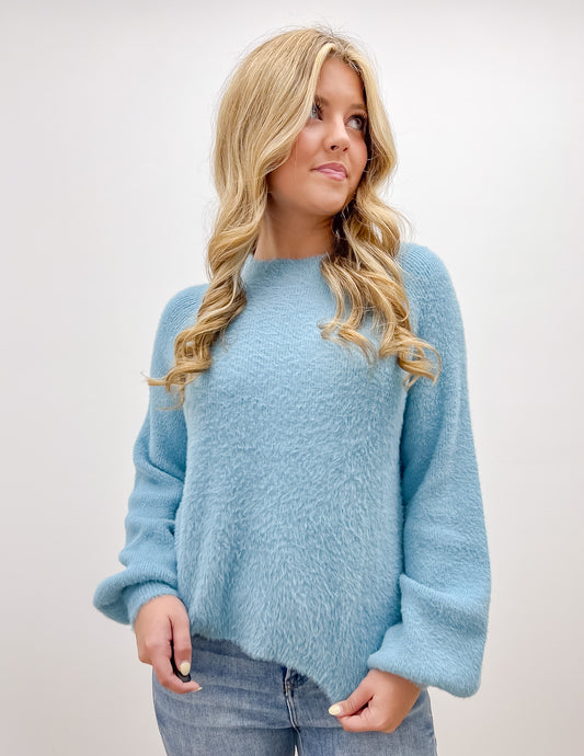 Southern Shirt Women's Feather Knit Mockneck Sweater in Chalky Blue