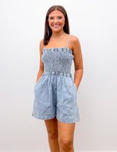 Load image into Gallery viewer, Sticking Around Smocked Denim Romper