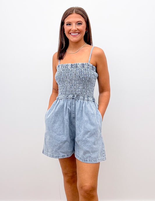 Sticking Around Smocked Denim Romper