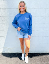 Load image into Gallery viewer, This Mama Prays Embroidered Sweatshirt Indigo