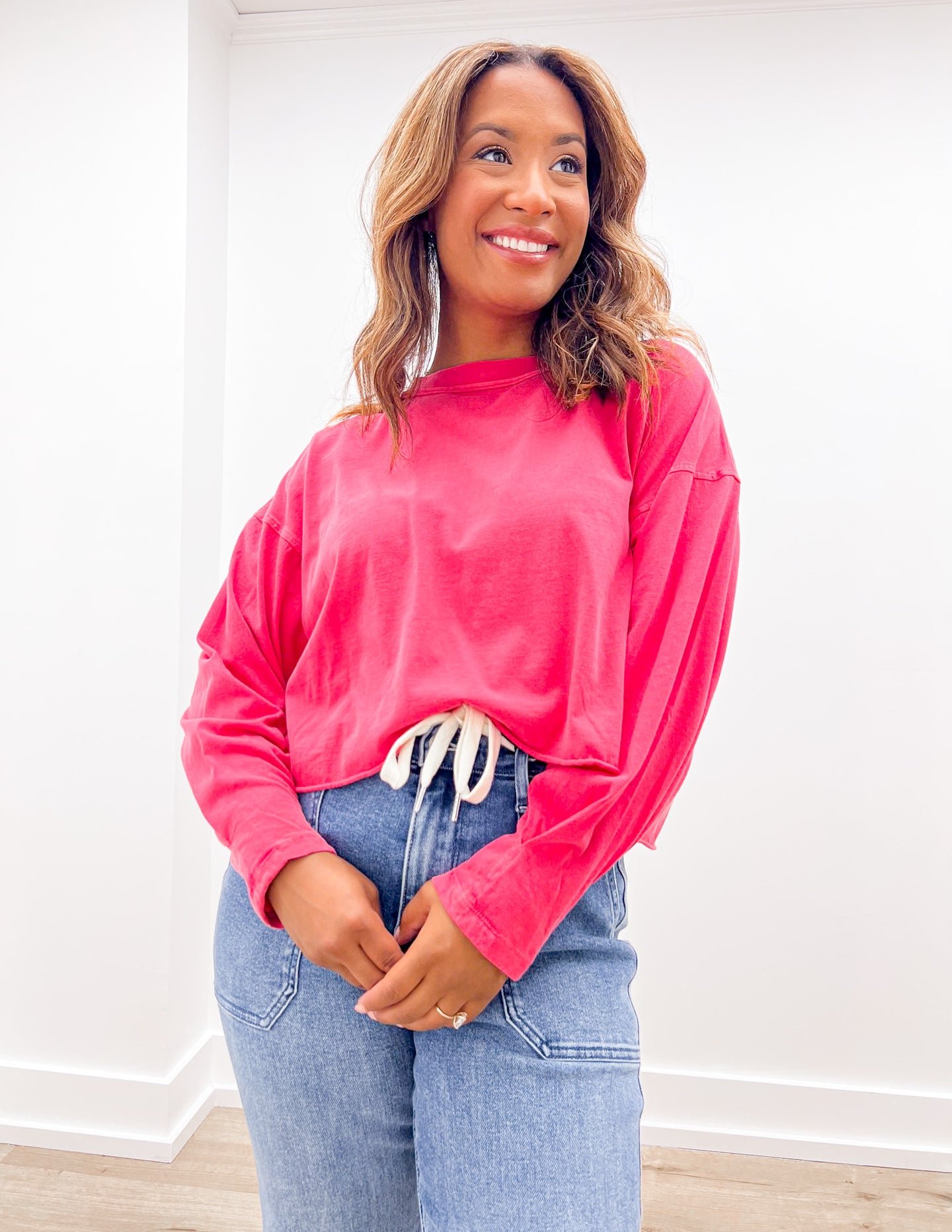 I Need You More Oversized LS Cropped Top in Dk Red