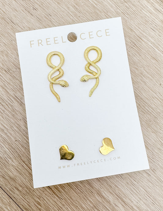 Double Gold Studs- Snakes and Hearts