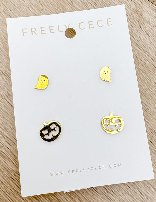 Double Gold Studs- Ghost and Pumpkins