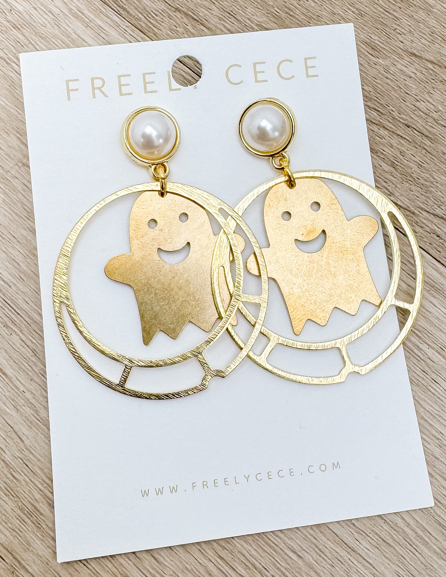 Halloween Time Dangling Gold Ghost Earrings with Pearl Detail