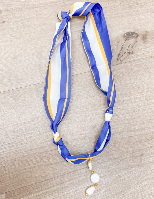 Stay With Me Scarf Necklace in Blue And Gold- 3 Dangling Pearls