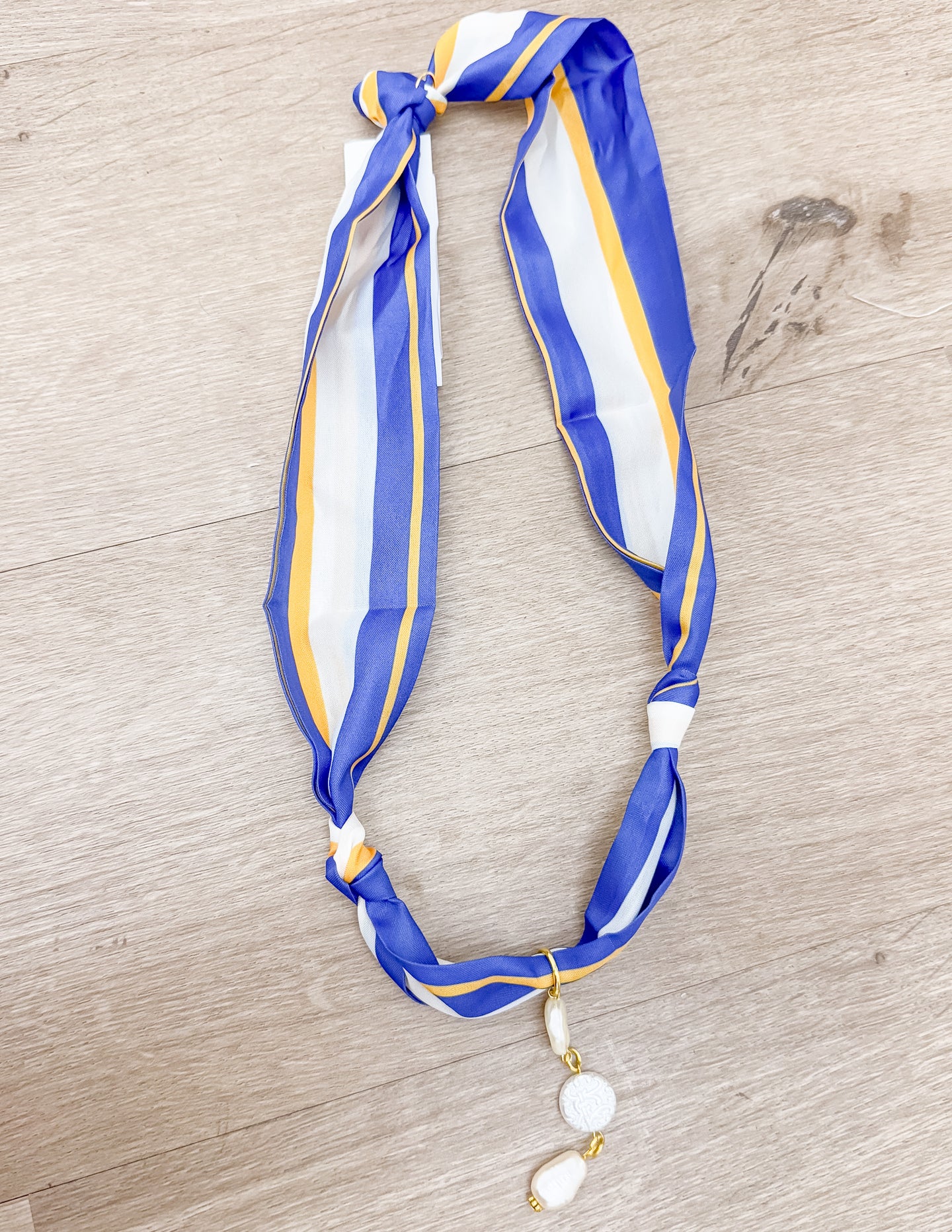 Stay With Me Scarf Necklace in Blue And Gold- 3 Dangling Pearls