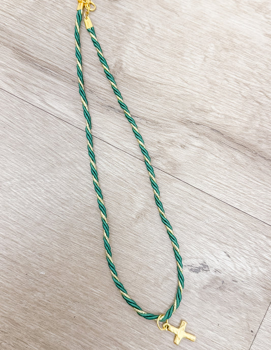 Everyday Trendy Small Green/Gold Cord Necklace with Gold Cross