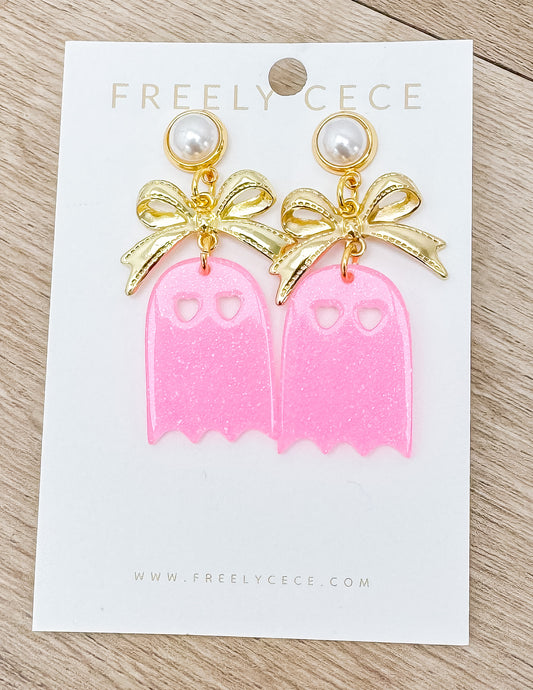 Halloween Time Dangling Earrings with Neon Sparkly Pink Ghost