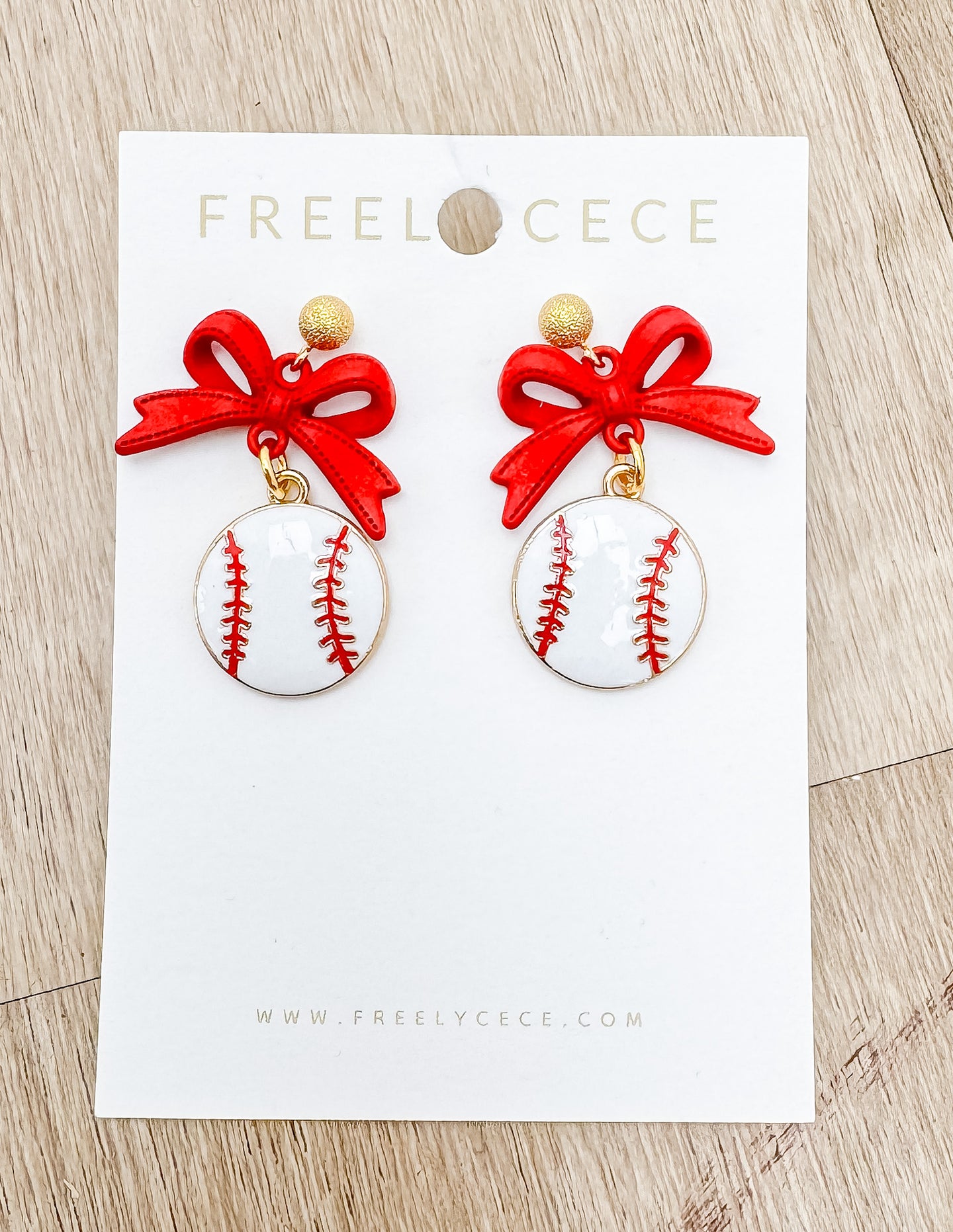 Bow Sporty Baseball Earrings - Red Bow/Gold Stud